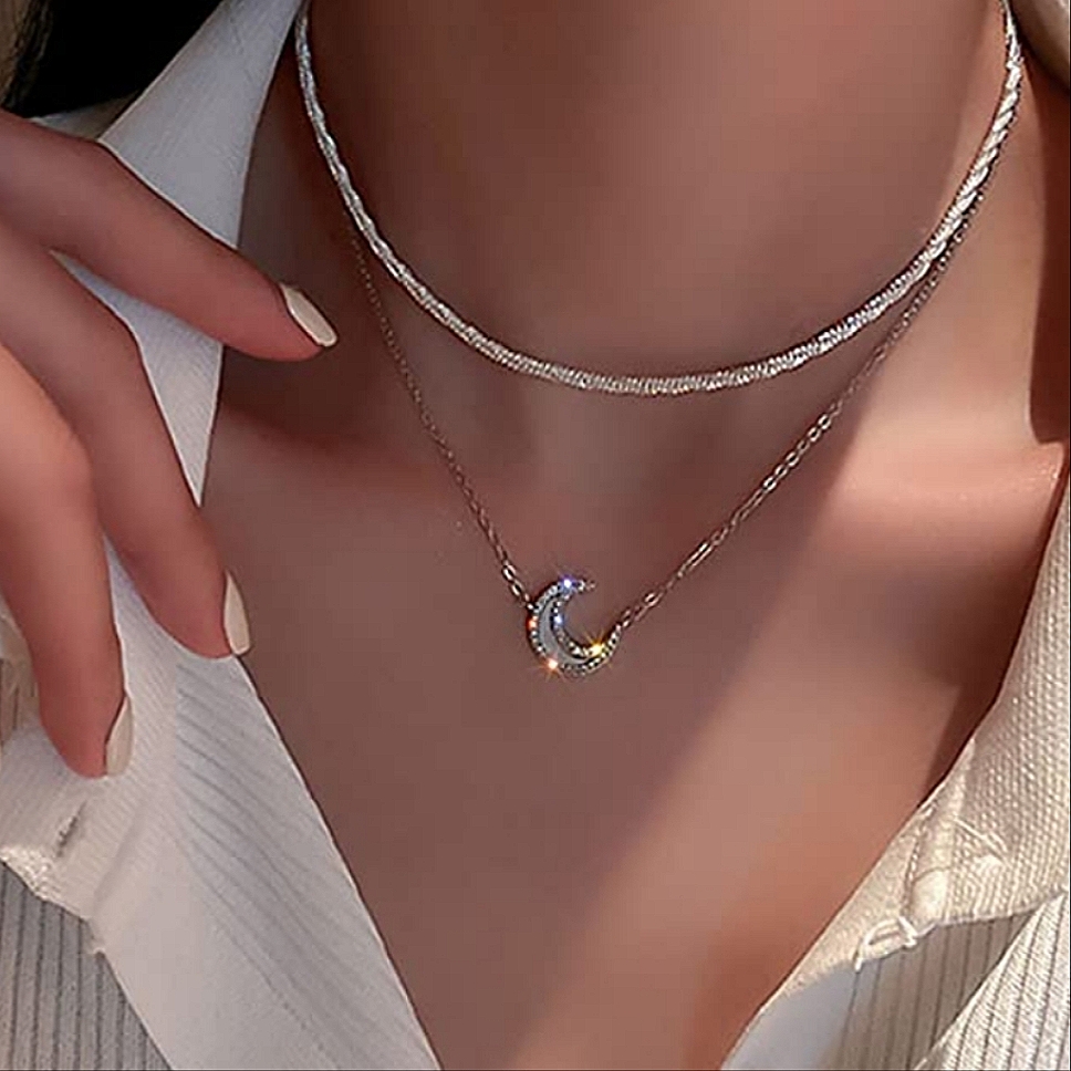 925 Silver Cz Natural Shell Tiny Crescent Moon Pave Necklace